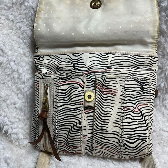 Fossil Morgan Messenger bag canvas beige,red &black stripes beige leather trims - Picture 8 of 15